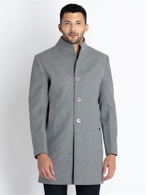Buy Grey Solid High Neck Long Overcoat for Men | Status Quo