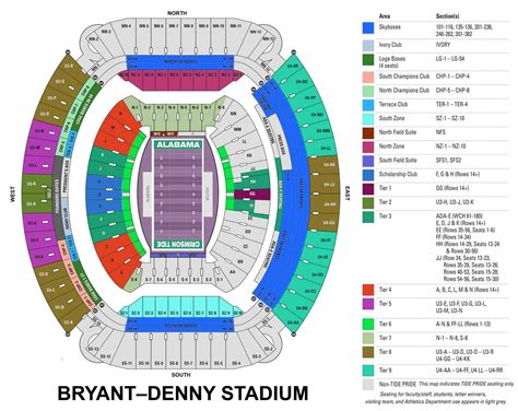 Bryant Denny Stadium Seating Chart with Seat Numbers and Rows