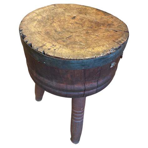Rare Primitive Round Butcher Block Barrel Based Side Table For Sale at ...