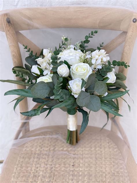 White Rose Bridal Bouquet, Classic Wedding White Peony Bouquet, Rustic ...