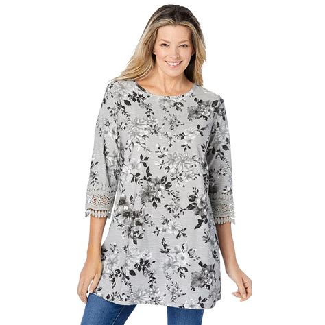 Woman Within Women's Plus Size Crochet-Trim Three-Quarter Sleeve Tunic