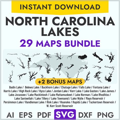 North Carolina Lake Maps SVG Bundle: 29 Vector Shapes (digital Download ...