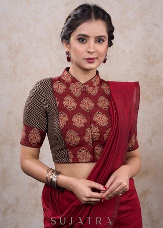Exclusive maroon ajrakh high neck combination blouse – Sujatra