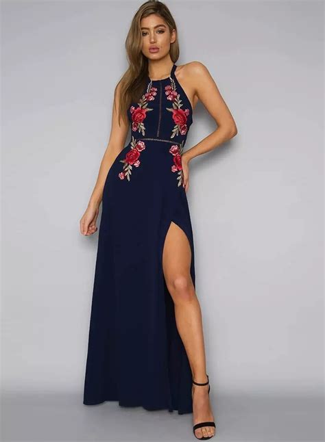 Sleeveless Halter Neck Floral Embroidery Maxi Prom Evening Dress ...