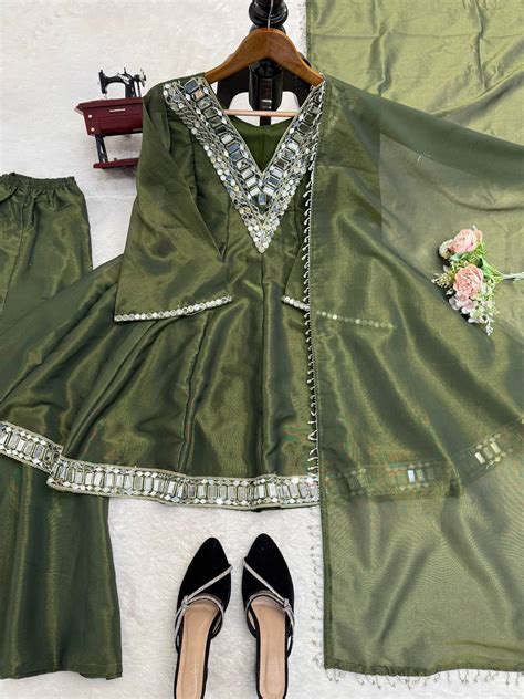 Elegant Mirror Work Anarkali Kurta Set with Dupatta – 3 Color Options ...