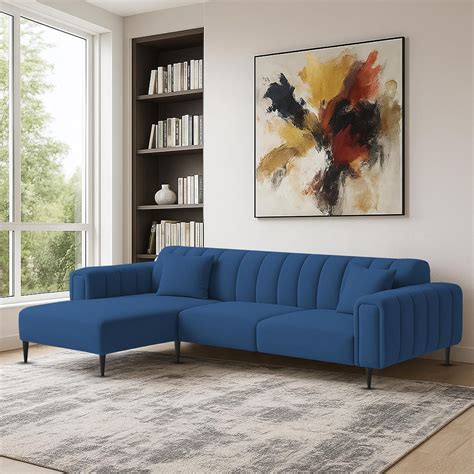 Damian LHS 4 Seater L Shape Sofa Set for Living Room (Blue Colour Fabr