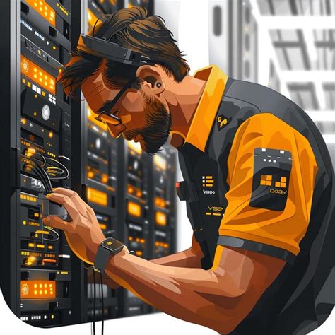 Tech support agent it auditor in a server room vector drawing | Premium ...