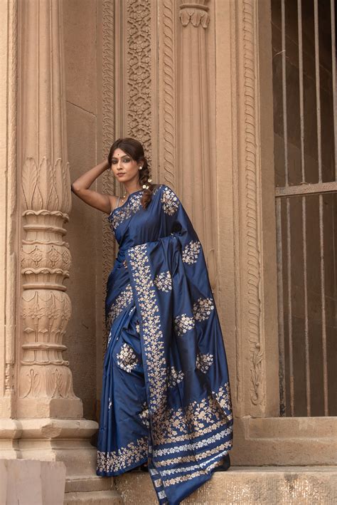 Pure Katan Silk Banarasi Saree in Royal Navy Blue | Gold Zari Floral M ...