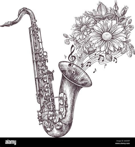 Jazz music. Hand-drawn sketch a saxophone, sax and flowers. Vector ...
