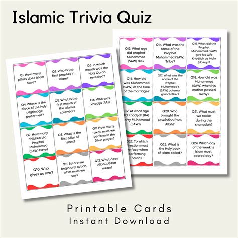 Islamic Trivia Questionnaire Game Printable Cards Islamic General ...