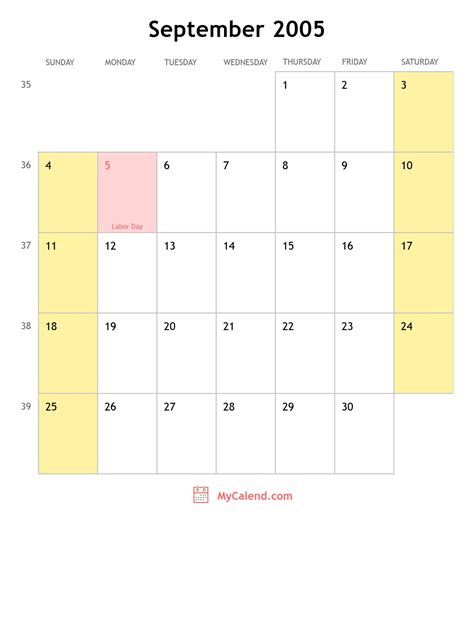 September 2005 calendar with holidays - monthly printable calendar