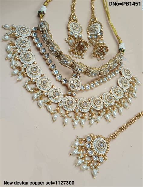 Traditional Gold Polish Copper Necklace Kundan Stud Wedding Jewellery ...