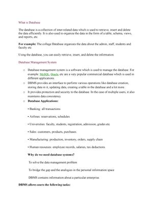 Characteristics of DBMS - o It can provide a clear and logical view of ...