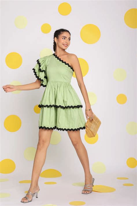 Pistachio Green One Shoulder Frilled Bust Fitted Skatter Mini Dress ...