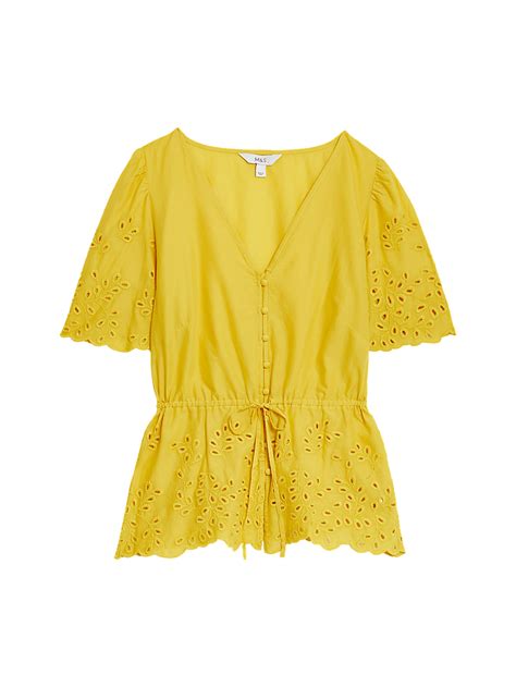 Buy Pure Cotton Broderie V-Neck Tie Front Blouse at Marks & Spencer