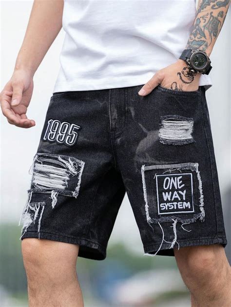 Manfinity EMRG Men Cotton Letter Graphic Ripped Frayed Denim Shorts ...