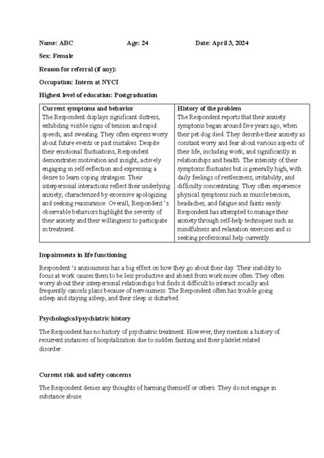 Format- MSE CASE History - Name: ABC Age: 24 Date: April 3, 2024 Sex ...