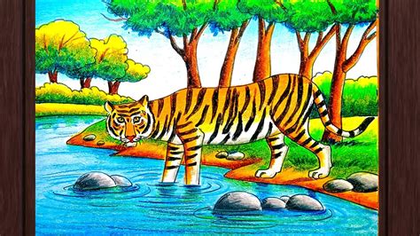 Tiger scenery drawing step by step/Forest scenery drawing with tiger ...