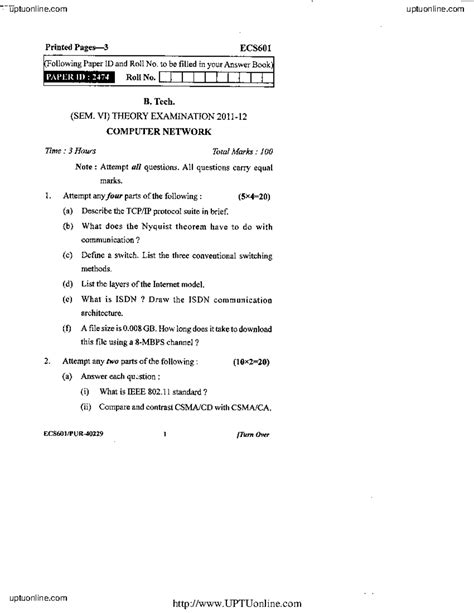 Btech cs 6 sem computer network ecs 601 2012 - Printed Pages-3 ECS6OI B ...
