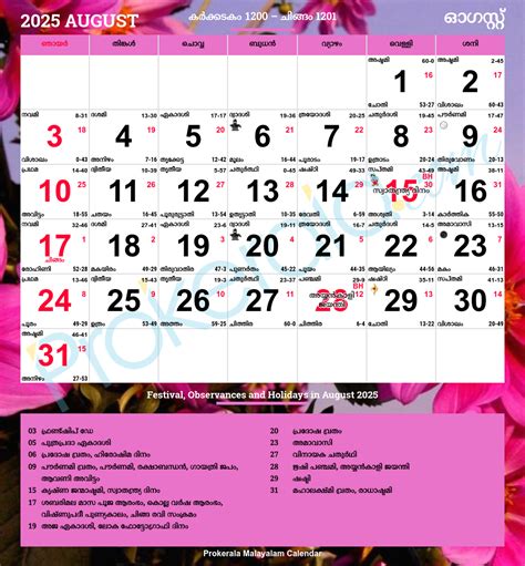 Malayalam Calendar 2025 | Kerala Festivals | Kerala Holidays 2025