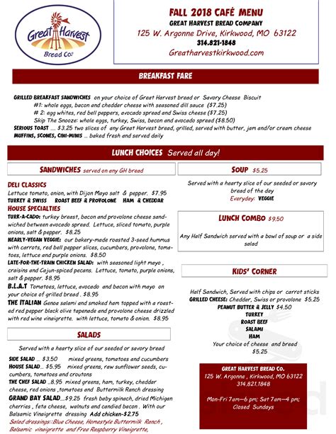 Great Harvest Bread Co. Kirkwood menu in Kirkwood, Missouri, USA