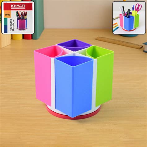 Khyati Revolving Rainbow Pen Stand – Multi-Color Rotating Desk 4 Compa