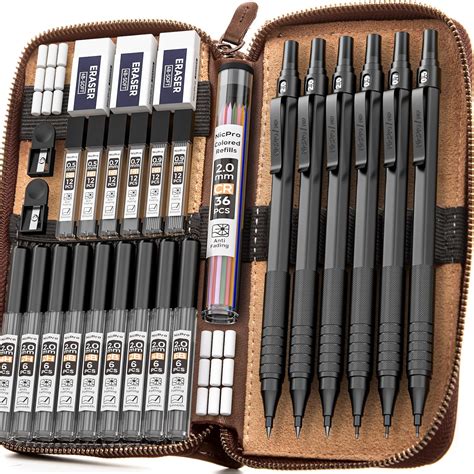 Nicpro 30PCS Black Metal Mechanical Pencils Set in Leather Case, Art ...