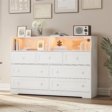 Garvee LED Lights Dresser with Charging Station- 2 Open Cubbies for ...
