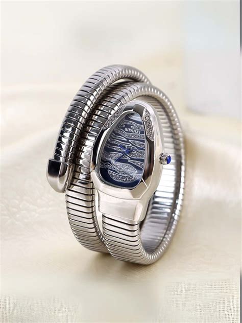 Buy Silver Plated White Black Stripe Dial Silver Stainless Steel Snake ...