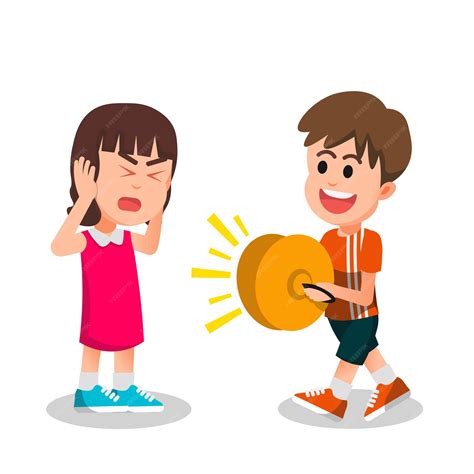 Premium Vector | Little girl is bothered by a boy playing a cymbal loudly