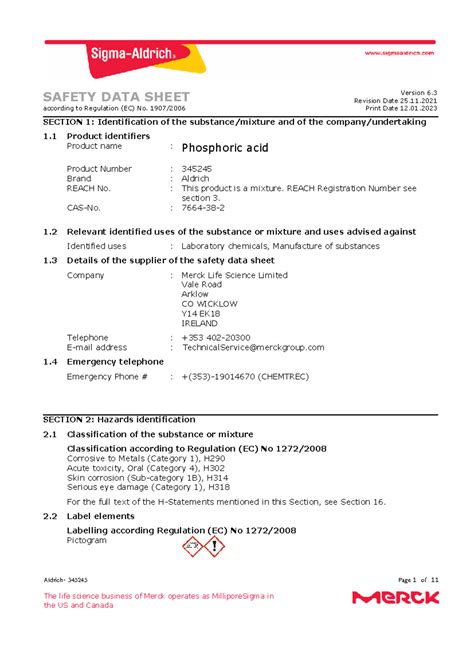 MSDS for Phosphoric Acid (345245) - Lecture Notes 2023/2024 - Studocu