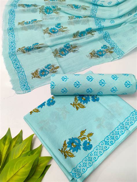 Hand Block Cotton Salwar Suit Set with Chiffon Dupatta - TSPSCFVJB19 ...