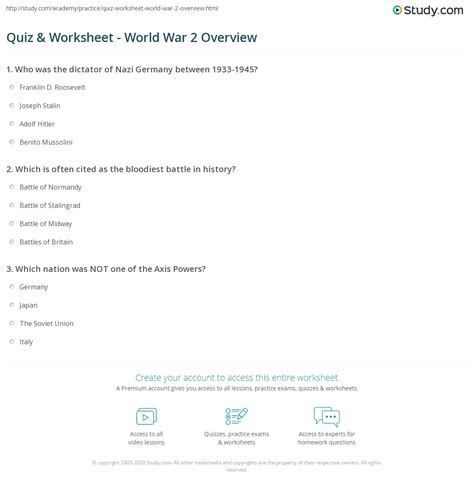Quiz & Worksheet - World War 2 Overview | Study.com
