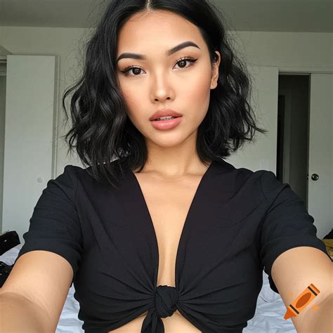 Attractive Southeast Asian model in black cropped shirt on Craiyon