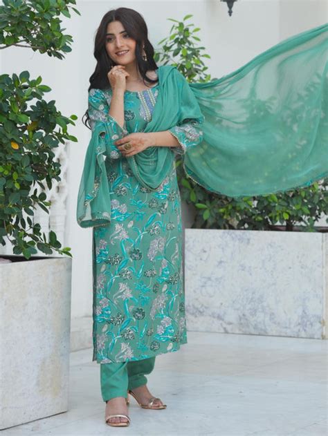 Buy Embroidered Soft Cotton Floral Sage Green Straight Kurta, Trousers ...