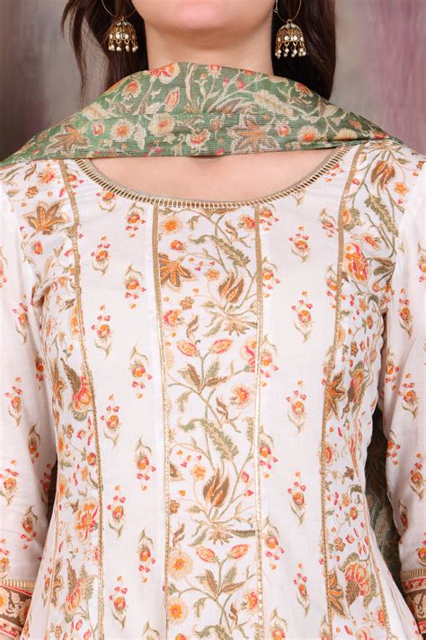 Buy Off White Floral Printed Tape Embellished Anarkali Cotton Kurta ...