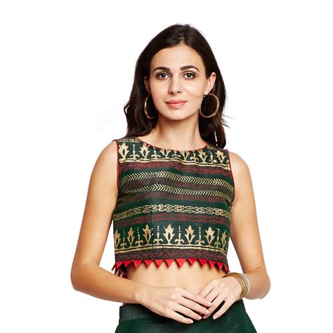 Buy Studiorasa Semi Dupion Block Printed Crop Top Green at Amazon.in