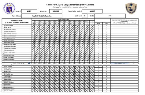 School Form 2 (SF2) Daily Attendance Report for Grade 12 - Aug 2024 ...