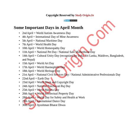 Important Days in April Month - Study Origin.IN
