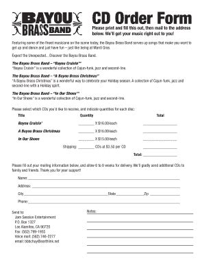 Fillable Online CD Order bFormb - Bayou Brass Band Fax Email Print ...