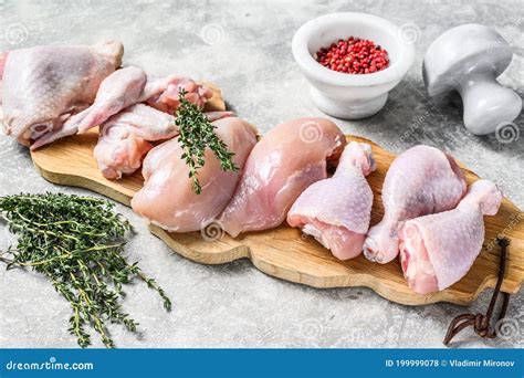 Different Types of Raw Chicken Meat, Poultry. Gray Background Stock ...