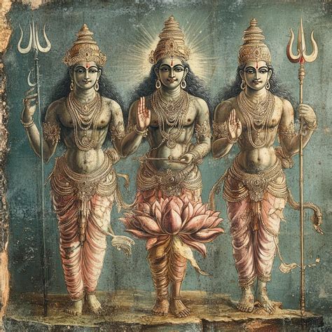 A painting depicting the Hindu trinity Brahma Vishnu and Shiva standing ...