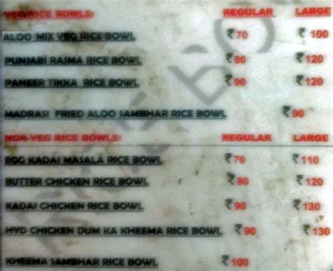 Menu at Rice Bowl, Hyderabad, Hi Tech Road