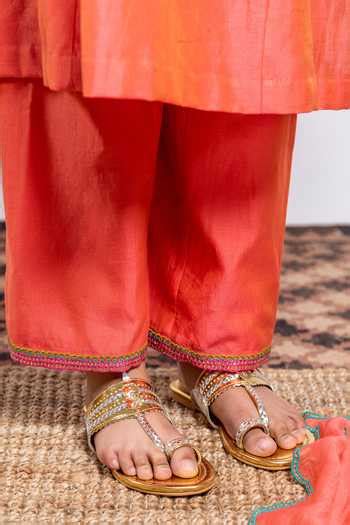 Buy Orange Chanderi Silk, Cotton Embroidery Kurta Set For Girls by ...