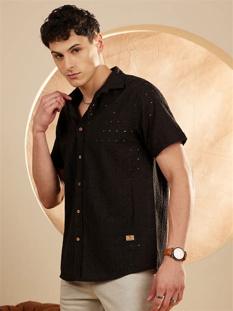 DENNISON Black Color Self Design Schiffli Casual Shirt ...