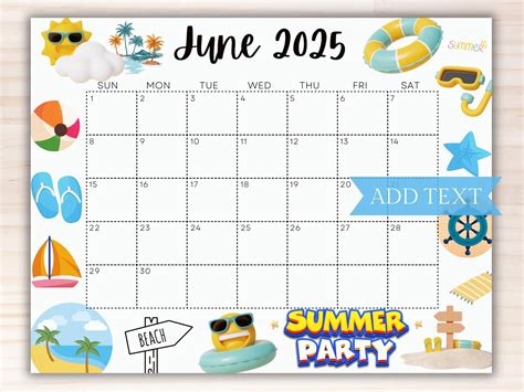Editable June 2025 Summer Calendar, Printable Calendar, Beautiful ...
