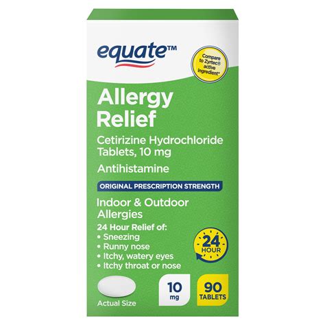Equate 24 Hour Cetirizine Hydrochloride Allergy Relief Tablets, 10 mg ...