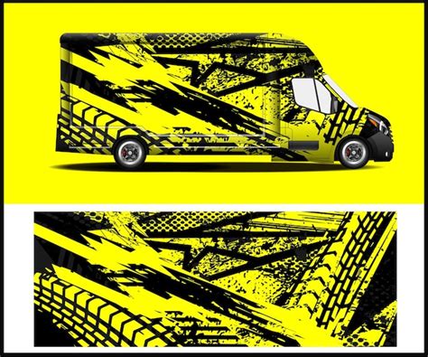 Uma van amarela e preta que tem a palavra "relâmpago" na lateral ...