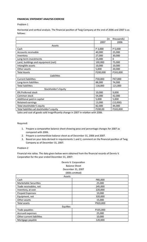 Financial Statement Analysis Exercise - FINANCIAL STATEMENT ANALYSIS ...