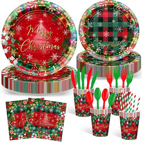 Amazon.com: Avezano 192 Pcs Christmas Paper Plates and Napkins Merry ...